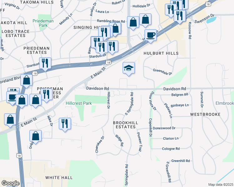 map of restaurants, bars, coffee shops, grocery stores, and more near 22133 Davidson Road in Waukesha
