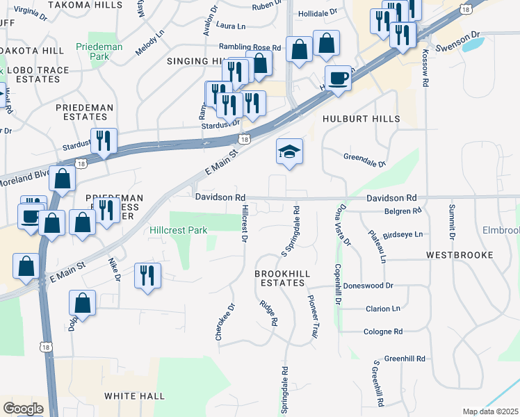 map of restaurants, bars, coffee shops, grocery stores, and more near 22133 Davidson Road in Waukesha