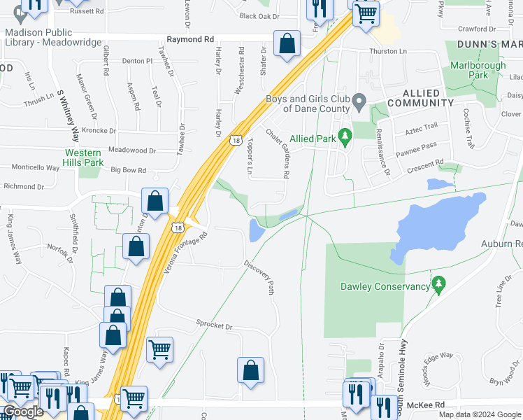 map of restaurants, bars, coffee shops, grocery stores, and more near 2442 Chalet Gardens Court in Fitchburg