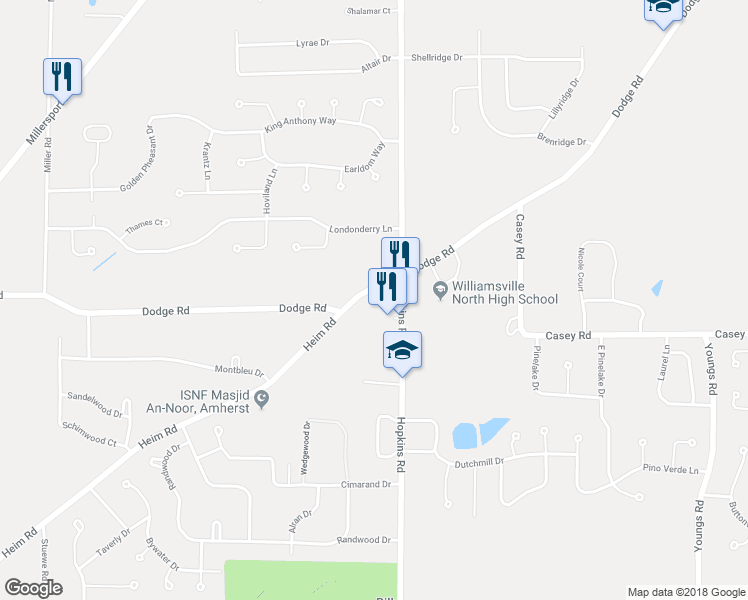 map of restaurants, bars, coffee shops, grocery stores, and more near 1441 Dodge Road in Getzville