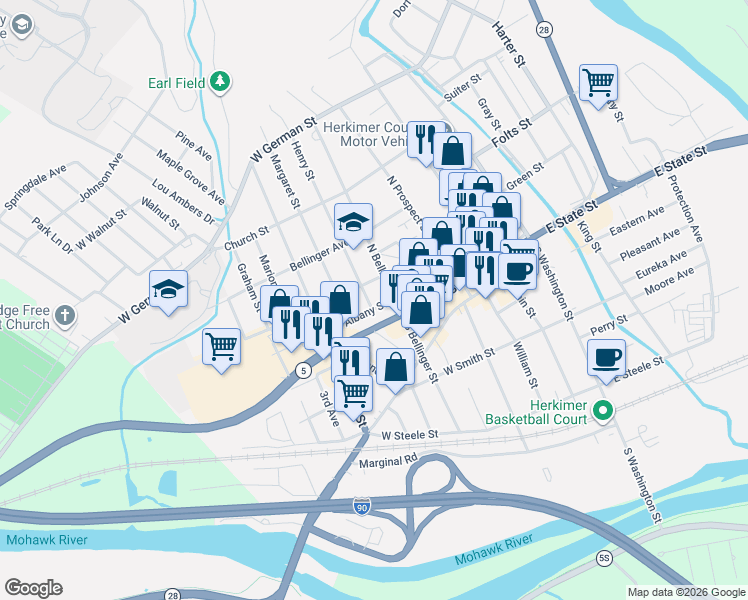 map of restaurants, bars, coffee shops, grocery stores, and more near 104 Henry Street in Herkimer