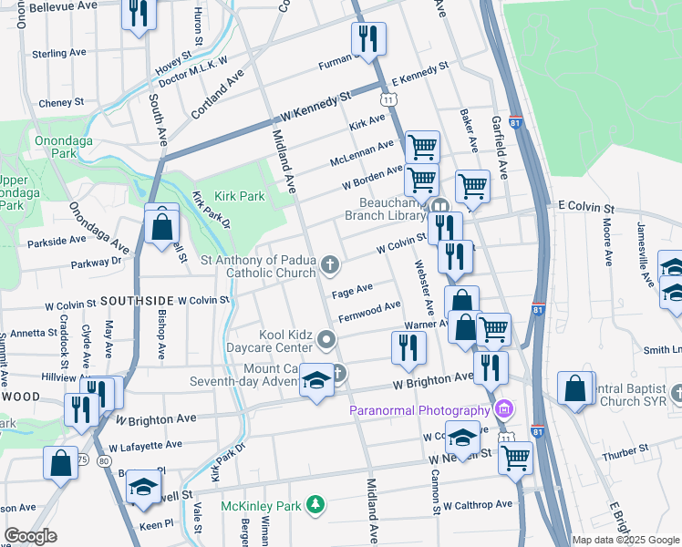 map of restaurants, bars, coffee shops, grocery stores, and more near 411 West Colvin Street in Syracuse