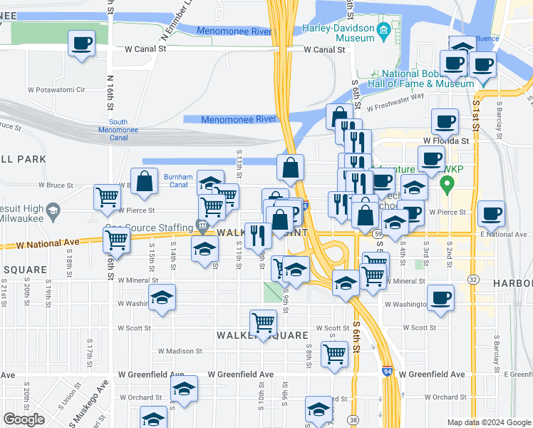 map of restaurants, bars, coffee shops, grocery stores, and more near 700 South 10th Street in Milwaukee
