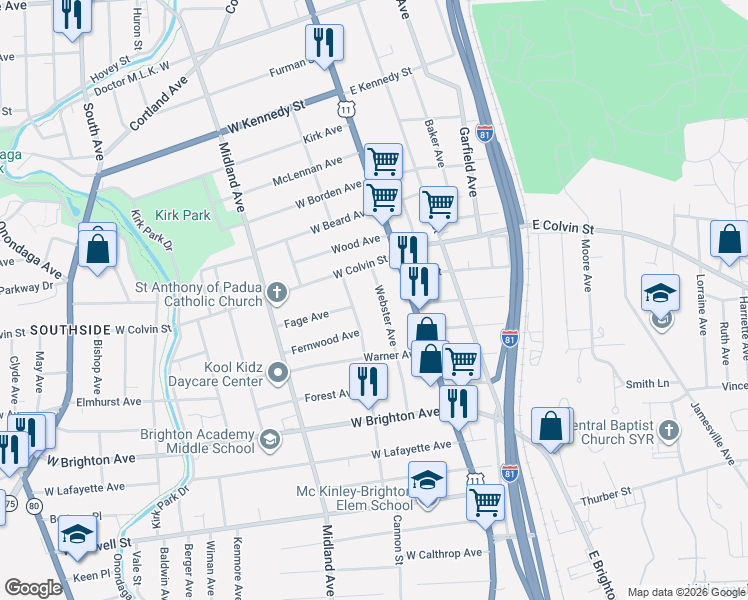 map of restaurants, bars, coffee shops, grocery stores, and more near 137 Webster Avenue in Syracuse