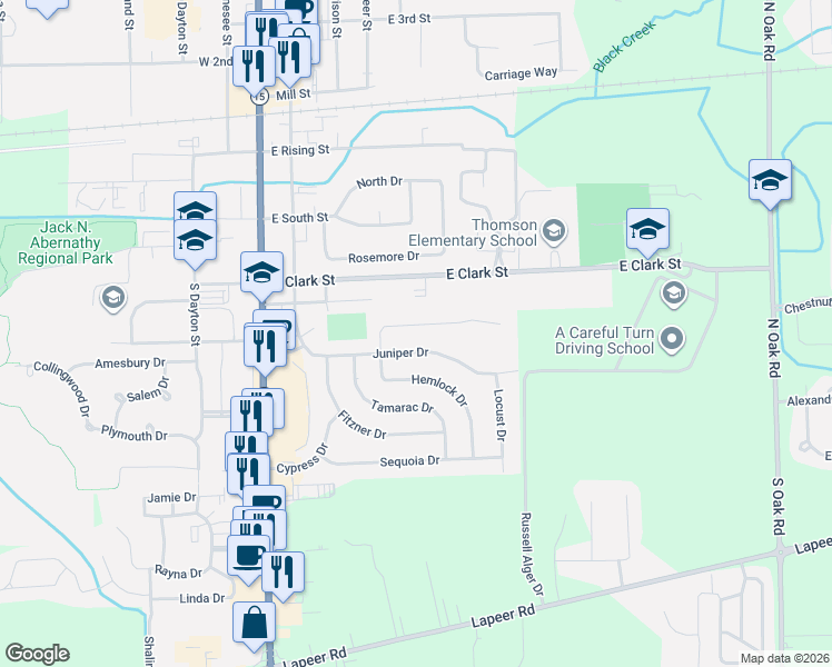 map of restaurants, bars, coffee shops, grocery stores, and more near 419 Balsam Drive in Davison