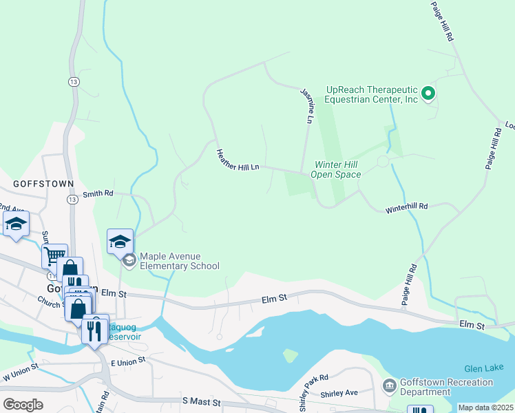 map of restaurants, bars, coffee shops, grocery stores, and more near 14 Honeysuckle Lane in Goffstown