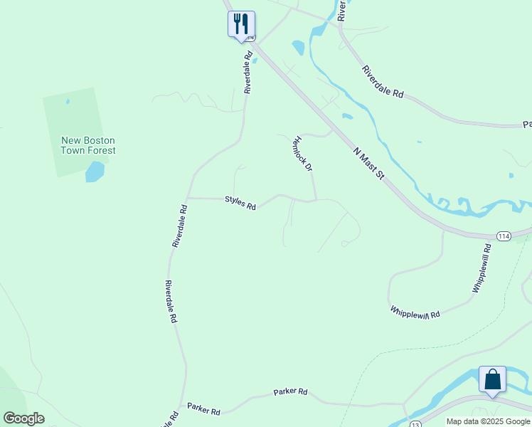 map of restaurants, bars, coffee shops, grocery stores, and more near 36 Styles Road in New Boston