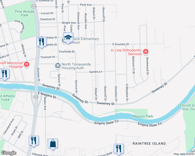 map of restaurants, bars, coffee shops, grocery stores, and more near 141 Robert Drive in North Tonawanda