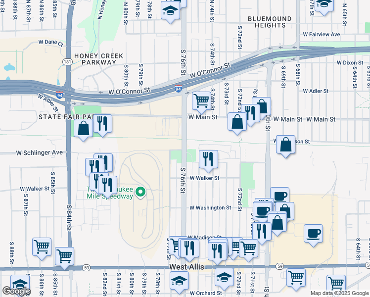 map of restaurants, bars, coffee shops, grocery stores, and more near 720 South 76th Street in West Allis