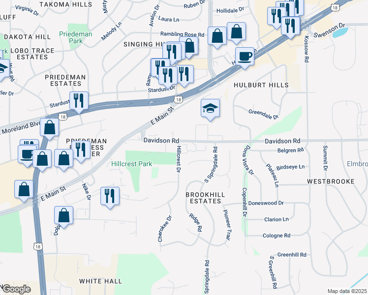 map of restaurants, bars, coffee shops, grocery stores, and more near 22133 Davidson Road in Waukesha