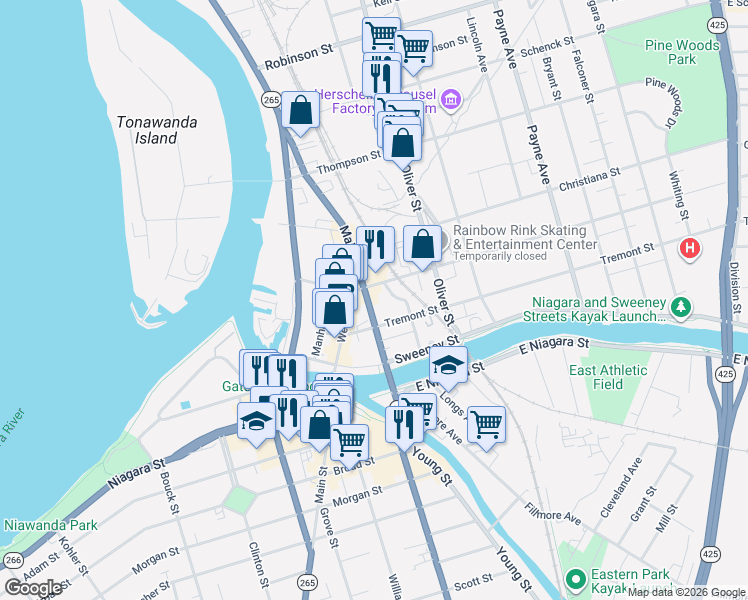 map of restaurants, bars, coffee shops, grocery stores, and more near 75 Main Street in North Tonawanda