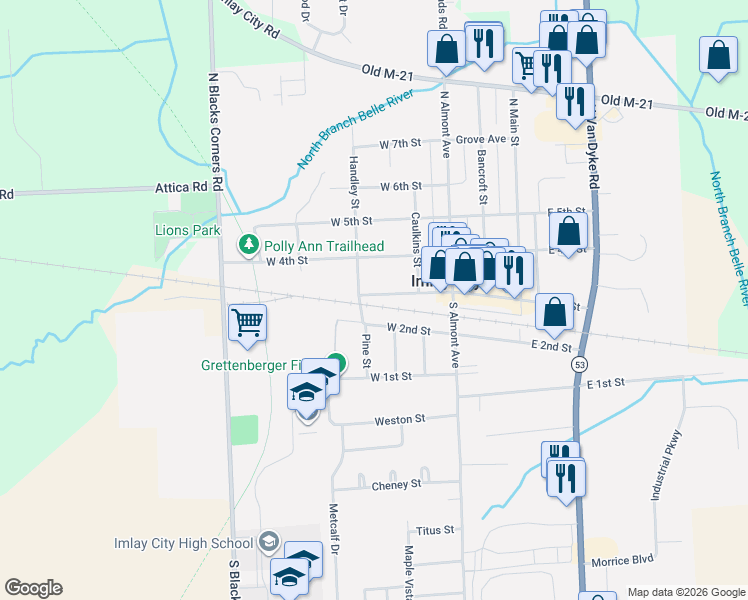 map of restaurants, bars, coffee shops, grocery stores, and more near 270 West 3rd Street in Imlay City