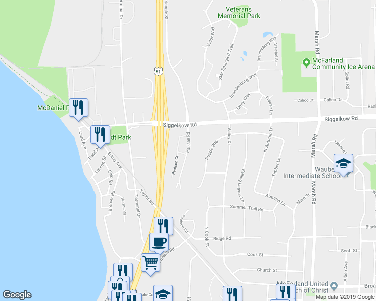 map of restaurants, bars, coffee shops, grocery stores, and more near 5214 Paulson Road in McFarland