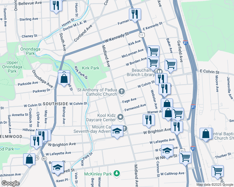 map of restaurants, bars, coffee shops, grocery stores, and more near Midland Avenue & West Colvin Street in Syracuse