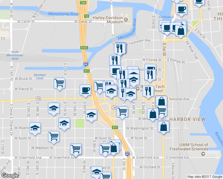 map of restaurants, bars, coffee shops, grocery stores, and more near 629 W Pierce St in Milwaukee