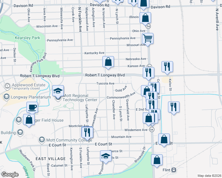 map of restaurants, bars, coffee shops, grocery stores, and more near 216 Chandler Avenue in Flint