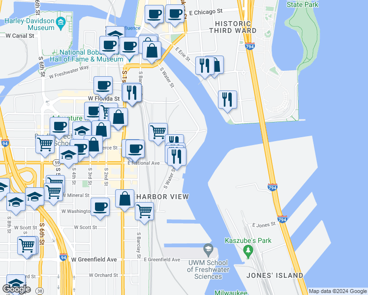 map of restaurants, bars, coffee shops, grocery stores, and more near South Water Street in Milwaukee