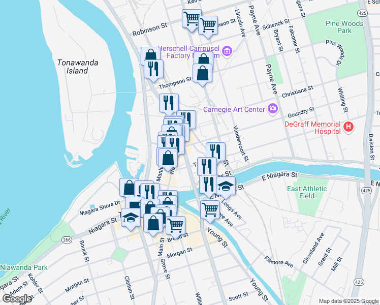 map of restaurants, bars, coffee shops, grocery stores, and more near 85 Main Street in North Tonawanda