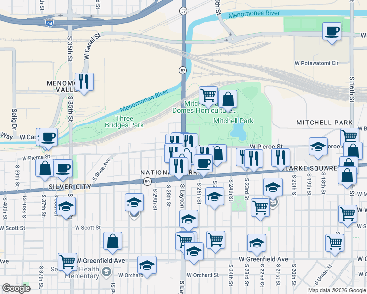 map of restaurants, bars, coffee shops, grocery stores, and more near 657 South Layton Boulevard in Milwaukee