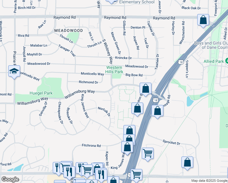 map of restaurants, bars, coffee shops, grocery stores, and more near 5677 Williamsburg Way in Fitchburg