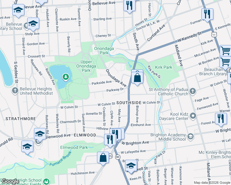 map of restaurants, bars, coffee shops, grocery stores, and more near 134 Parkway Drive in Syracuse