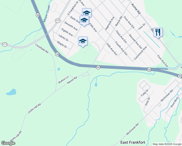map of restaurants, bars, coffee shops, grocery stores, and more near 700 Reese Rd in Frankfort