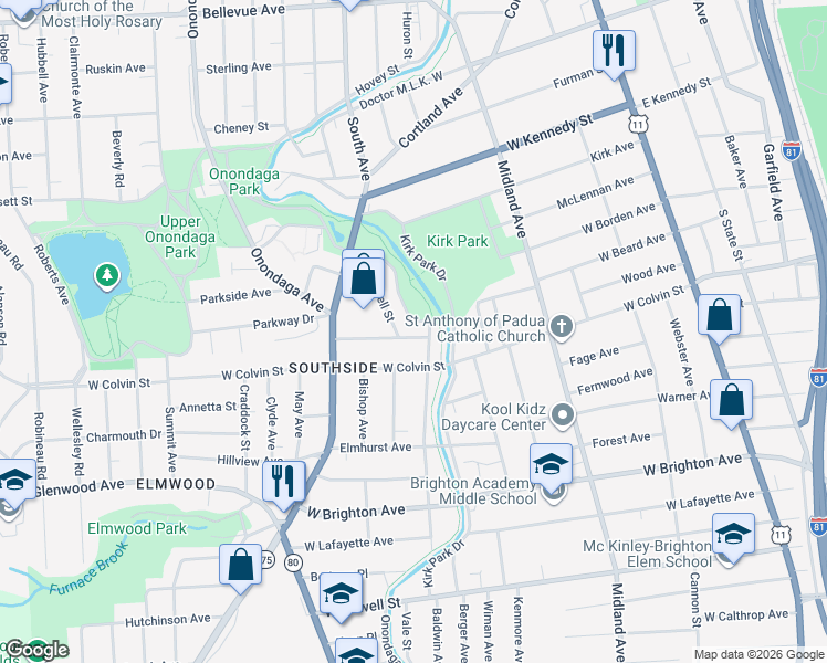 map of restaurants, bars, coffee shops, grocery stores, and more near 191 East Bissell Street in Syracuse