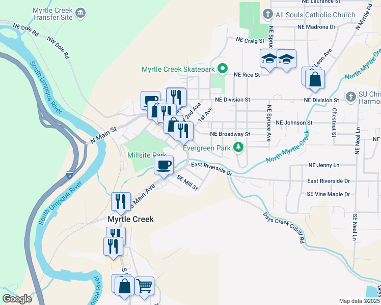 map of restaurants, bars, coffee shops, grocery stores, and more near 150 Northeast Oak Street in Myrtle Creek