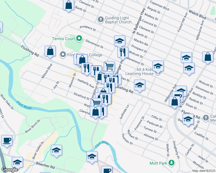 map of restaurants, bars, coffee shops, grocery stores, and more near 1275 North Ballenger Highway in Flint