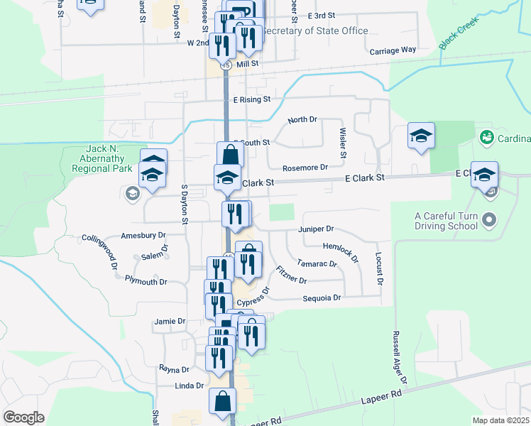 map of restaurants, bars, coffee shops, grocery stores, and more near 625 Manford Court in Davison