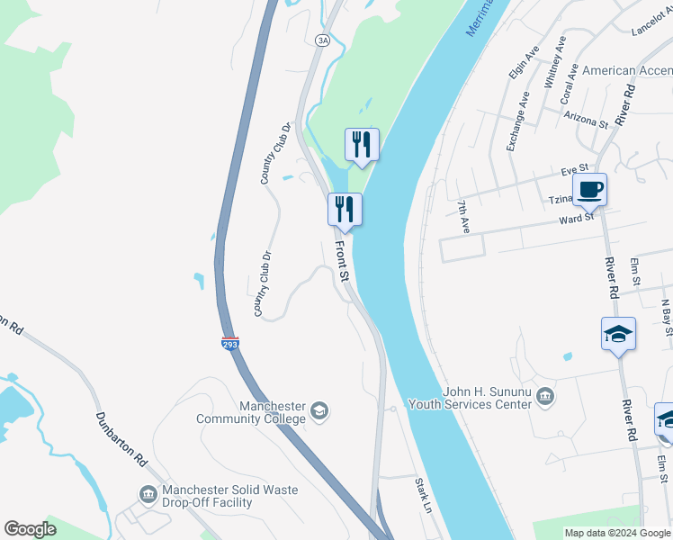 map of restaurants, bars, coffee shops, grocery stores, and more near 1407 Front Street in Manchester