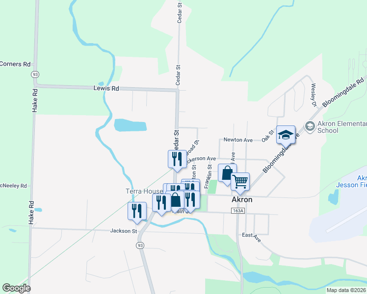 map of restaurants, bars, coffee shops, grocery stores, and more near 41 Cedar Street in Akron