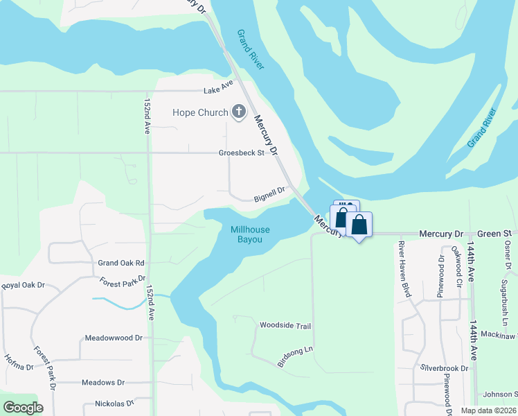 map of restaurants, bars, coffee shops, grocery stores, and more near 14946 Bignell Drive in Grand Haven