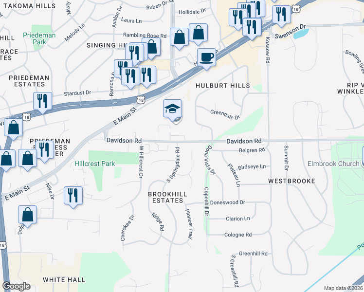 map of restaurants, bars, coffee shops, grocery stores, and more near 750 South Springdale Road in Waukesha