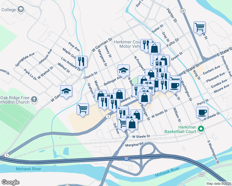 map of restaurants, bars, coffee shops, grocery stores, and more near 412 Park Avenue in Herkimer