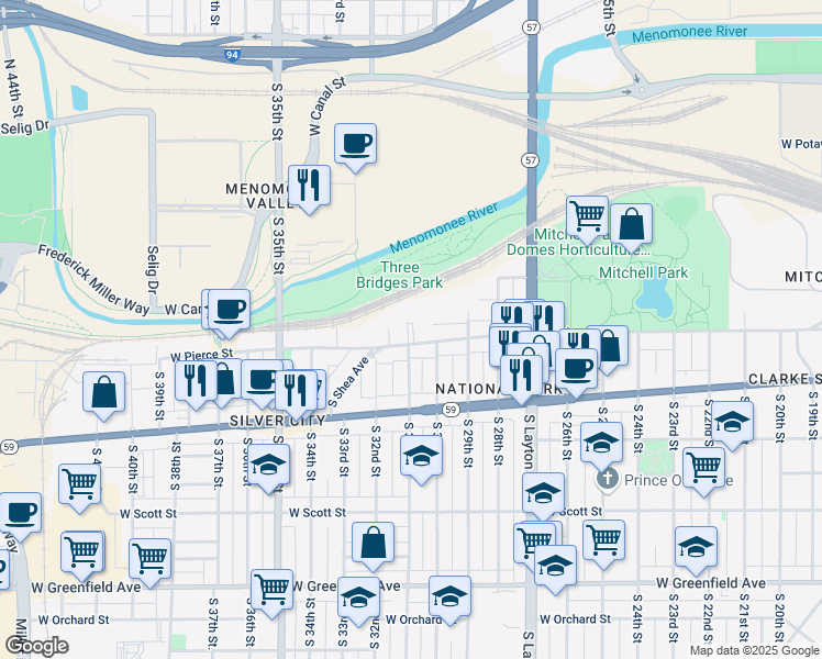 map of restaurants, bars, coffee shops, grocery stores, and more near 3032 West Pierce Street in Milwaukee
