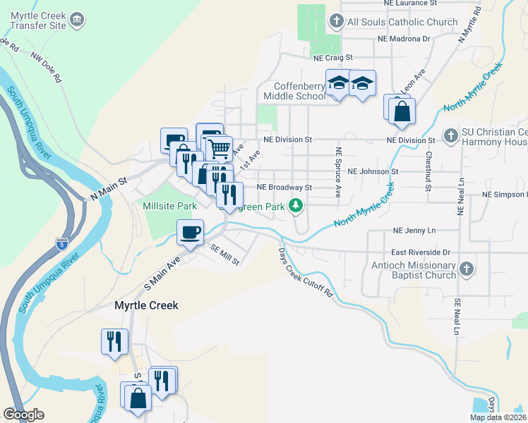 map of restaurants, bars, coffee shops, grocery stores, and more near 151 Northeast Oak Street in Myrtle Creek