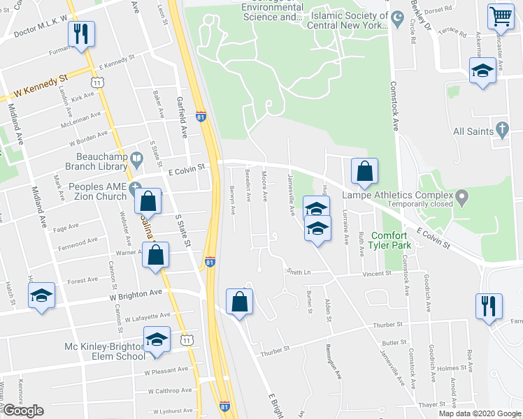 map of restaurants, bars, coffee shops, grocery stores, and more near 226-28 Moore Avenue in Syracuse