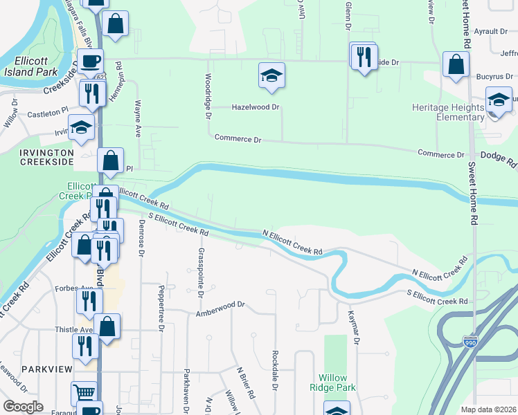 map of restaurants, bars, coffee shops, grocery stores, and more near 260 North Ellicott Creek Road in Buffalo