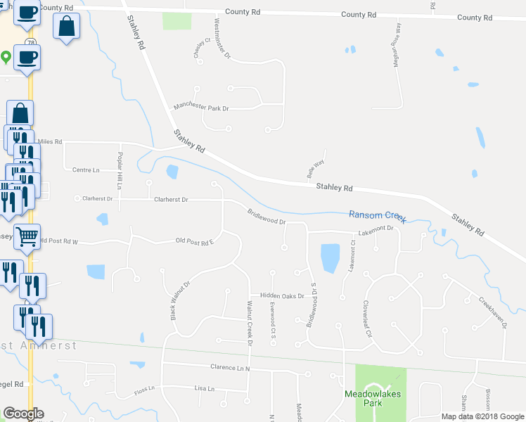 map of restaurants, bars, coffee shops, grocery stores, and more near 8380 Bridlewood Drive in East Amherst