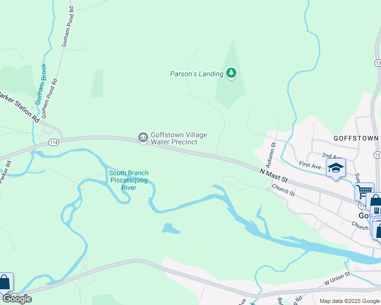 map of restaurants, bars, coffee shops, grocery stores, and more near North Mast Street in Goffstown