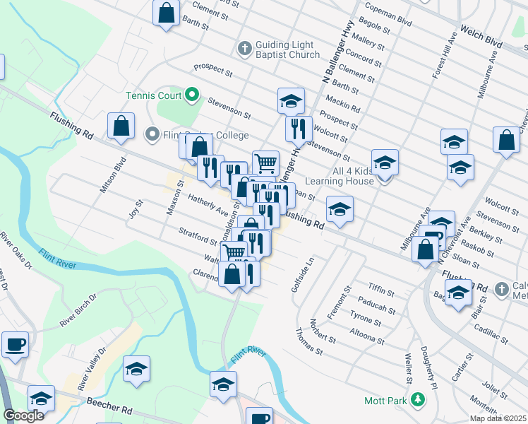 map of restaurants, bars, coffee shops, grocery stores, and more near 1275 North Ballenger Highway in Flint