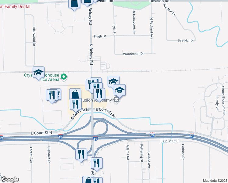 map of restaurants, bars, coffee shops, grocery stores, and more near 1180 North Belsay Road in Burton