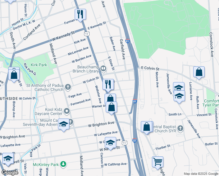 map of restaurants, bars, coffee shops, grocery stores, and more near 2307-15 South Salina Street in Syracuse