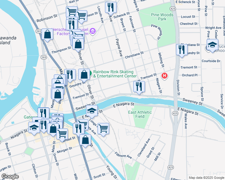 map of restaurants, bars, coffee shops, grocery stores, and more near 241 Tremont Street in North Tonawanda