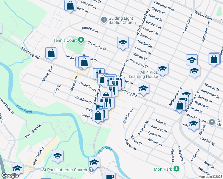 map of restaurants, bars, coffee shops, grocery stores, and more near 3037 Fleming Road in Flint
