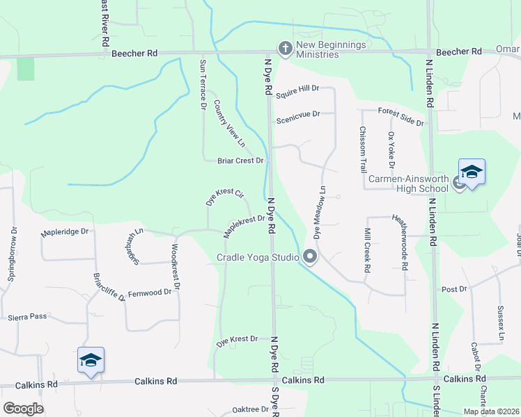 map of restaurants, bars, coffee shops, grocery stores, and more near 1391 Dye Krest Circle in Flint