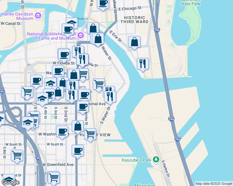 map of restaurants, bars, coffee shops, grocery stores, and more near 639 South Water Street in Milwaukee