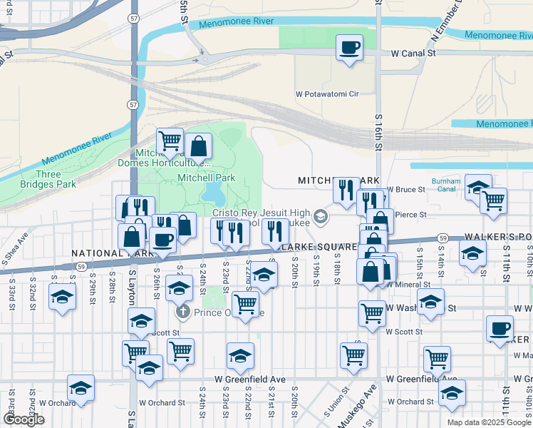 map of restaurants, bars, coffee shops, grocery stores, and more near 2131 West Pierce Street in Milwaukee
