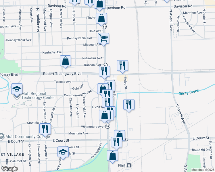 map of restaurants, bars, coffee shops, grocery stores, and more near 201 Dort Highway in Flint